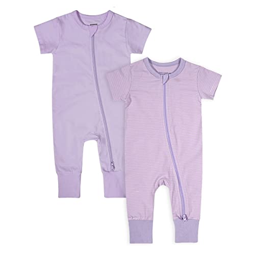 Image of Teach Leanbh Baby Boys Girls 2-Pack Romper Jumpsuits Cotton 2 Way Zipper Short Sleeve Footless Sleep and Play 3-24 Months