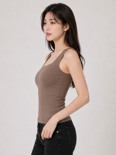 Image of Sizi Women's Ribbed Knit Tank Top with Built-in Padded Support, Square Neck Sleeveless Crop Top, Brown