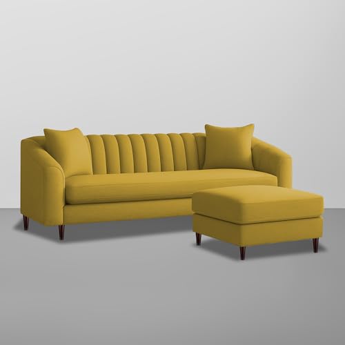 Image of Casaliving Doraldo 4 Seater L Shape Convertible Sofa Set for Living Room, 3 Seater & Ottoman Modular Sectional Couch for Small Space (Yellow Colour) Fabric