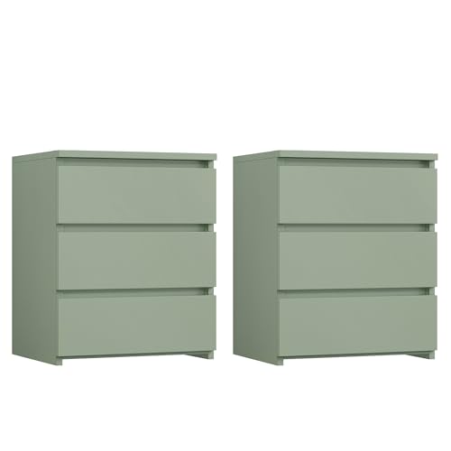 Image of FOTOSOK Nightstand Set of 2 White Nightstand with 3 Drawers, White Bedside Table Night Stand for Bedroom with Cut-Out Handle, Sofa Side Table for Bedroom, Green