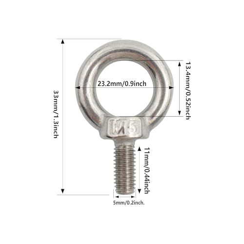 Image of 6PCS M5 Lifting Eye Bolt, Stainless Steel Male Thread Eye Bolts, Heavy Duty Screw Ring Shaped Eye Bolt