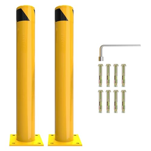 Safety Bollard, 42 Inch Heigh Steel Bollards, 4.5 Inch Diameter Parking Bollard, Yellow Powder Coated Parking Barrier Post, Steel Bollard with 8 Anchor Bolts, Ideal for Traffic-Sensitive Area(2 Pack).