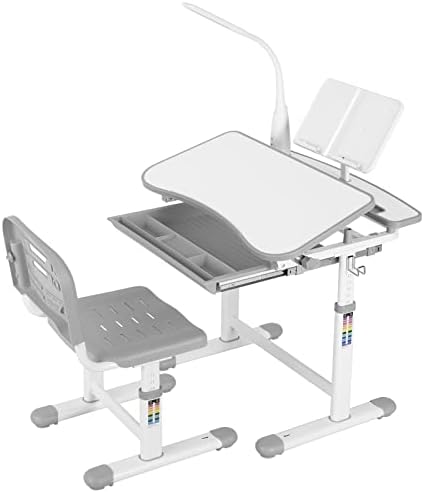 AOOU Kids Desk and Chair Set, Height Adjustable Multifunctional Writing Table with Steel Bookstand, Hook, Pull-Out Drawer, 360° Rotation 3 Brightness, Tiltable Desktop, for Study