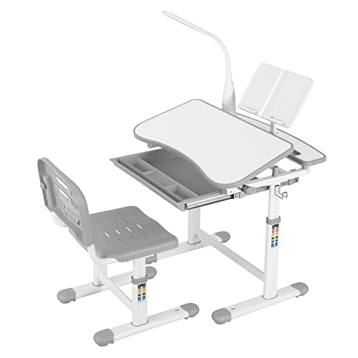 AOOU Kids Desk and Chair Set, Height Adjustable Multifunctional Writing Table with Steel Bookstand, Hook, Pull-Out Drawer, 360° Rotation 3 Brightness, Tiltable Desktop, for Study (Grey)