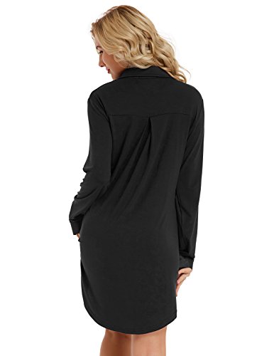 Women Model Boyfriend Style Nightshirt Long Sleeve Button Down Sleep Shirt Stretchy Black Large