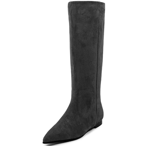 YIYA Women's Suede Knee High Flat Boots Pointed Toe Flat Heels Pull On Long Boots Fall Winter Tall Boots3