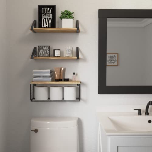 DOLLFIO Floating Shelves for Bathroom with Basket, Wooden Wall Shelves, Floating Shelves for Wall Décor, Wall Mounted Floating Shelf for Bathroom, Floating Shelf for Wall, Living Room–Light Brown
