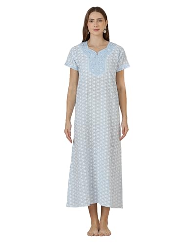Image of 9shines Label Stylish Chikankari Cotton Nighty Maxi for Women | Full Length Nightgown | Nightdress with Pocket | Embroidery Nighty | Soft Comfortable Cotton Nightwear (1545)