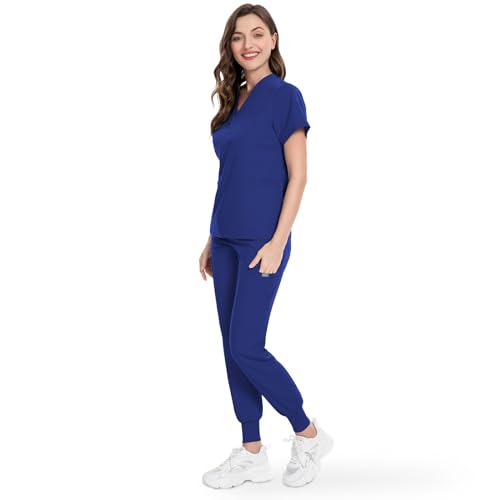 niaahinn Scrubs Top with V-Neck & Multifunctional Pocket Jogger Pants Scrub Suit Medical Uniform for Women (Navy Blue, XXL)