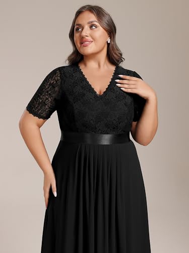 Image of Ever-Pretty Women's V Neck Pleated A Line Lace Chiffon Half Sleeves Midi Plus Size Cocktail Wedding Guest Dresses Black US18