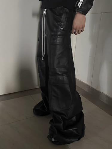 Mens Wide Leg Matte Pu Leather Pants Straight Casual Baggy Pockets Drawstring Trousers3