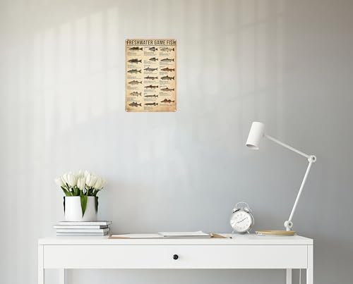 Boy's Fishing Gifts Vintage Fresh Water Gamefish Knowledge Tin Sign for Man Cave Boys Hunting Room Bedroom Lake House Cabin Wall Art Decor 8x12 Inch (3069)