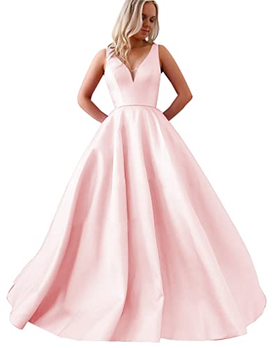 Rjer Women's Open Back Satin Prom Dress Long Evening Gown with Pockets V Neck Ball Gowns Pink Size 4