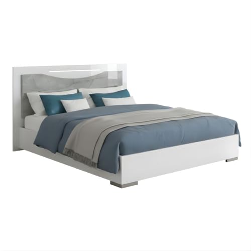 AltoBuy Lit 140x190cm avec Ruban LED sur tête de lit laqué Blanc et Imitation marbre - Genesis