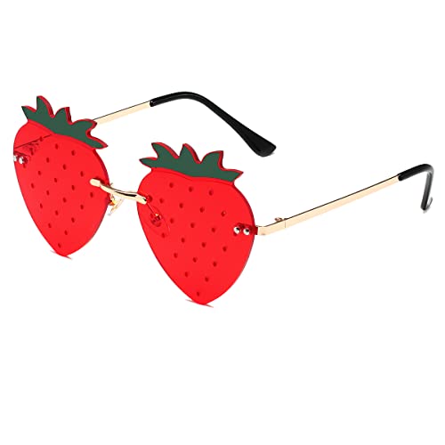 JOVAKIT Strawberry Shaped Sunglasses for Women Men Vintage New Rimless Sun Glasses Retro Rave Party Halloween Eyeglasses (Gold/Red)2