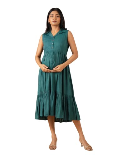 Image of The Mom Store Printed Maternity & Nursing Dress for Women | Cotton | Feeding Dress | Midi Dress | Pregnancy & Postpartum Wear | Stylish Causal Wear Dress for New Mom