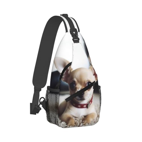 Mochila tipo sling negra con diseño de chihuahua