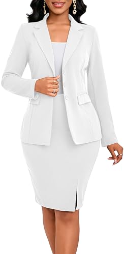 White 2 Piece Outfits for Women Elegant Blazer Jacket Skirts Sets Two Piece Business Formal Office Suit Sets with Pockets(Medium)