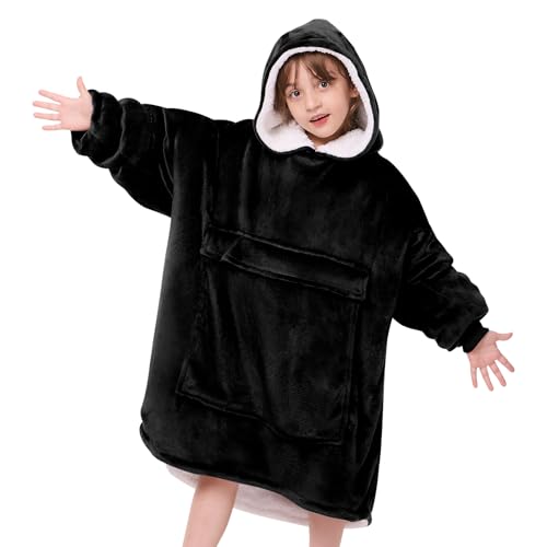 yescool Wearable Blanket Kids Hoodie, Birthday Teen Girls Gifts for 8-15 Year Old Kids Oversized Sweatshirt Sherpa Flannel Cozy Hooded Blanket with Pocket for Children, Youth Teens, One Size, Black