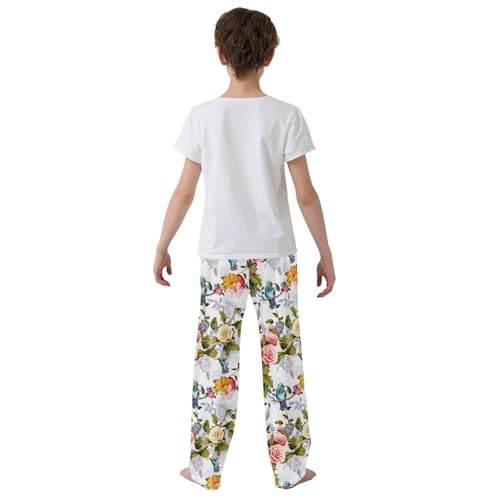 Spring Rose Floral Bird Boys Long Pants Soft Trousers Elastic Waist Kids Lounge Bottoms with Pockets S-XL3