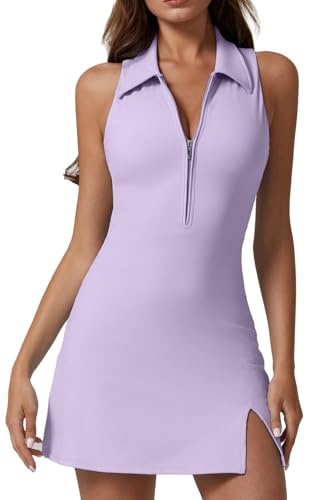 Image of QINSEN Womens Zip Front Tennis Dress Polo Collar Racer Back Workout Golf Dresses Build in Shorts with Pockets