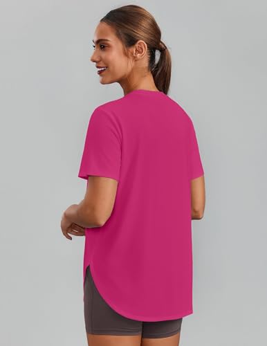 PINSPARK Damen Sportshirt Leichtes Atmungsaktiv Sport T-Shirt Fitness Sommer Funktions Locker Yoga Oberteile Rosarot M