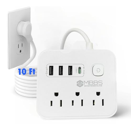 10 Ft Surge Protector Power Strip with USB C, 1200J Protection, Heavy Duty Extension Cord – (7-in-1) 3 AC Outlets, 4 USB Ports, LED On/Off Switch – Compact & Travel Friendly – Home, Office.