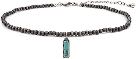 Turquoise Stone Silvertone Rectangle Bar Pendant Faux Navajo Pearl Choker Necklace 12 Inch