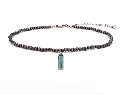 Turquoise Stone Silvertone Rectangle Bar Pendant Faux Navajo Pearl Choker Necklace 12 Inch #TOP3