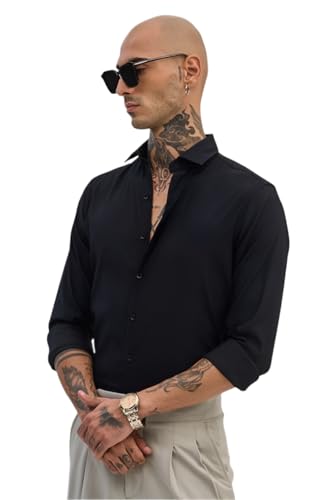 Image of SNITCH Black Slim Fit Self-Design Shirts