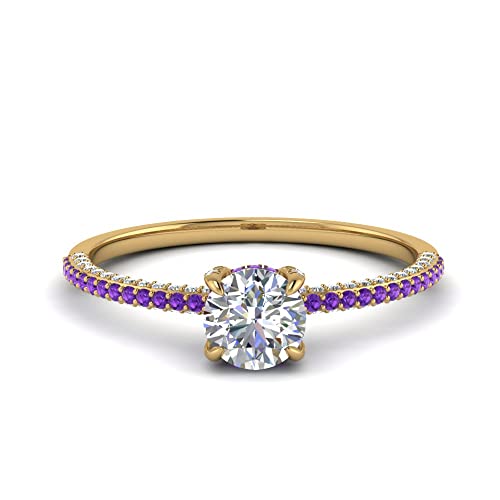 Image of Choose Your Gemstone Delicate Hidden Halo Diamond CZ Ring Yellow Gold Plated Round Shape Petite Engagement Rings Minimal Modern Design Birthday Gift Wedding Gift US Size 4 to 12