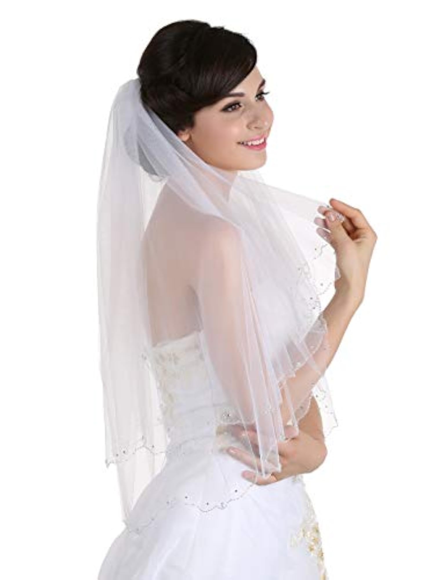 2T 2 Tier Crystal Beaded Scalloped Bridal Veil