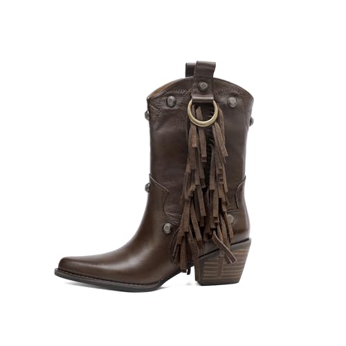 Tsrenlmln Ankle Boots for Women Pointed Toe Boots Chunky Heel Rivet Western Cowboy Boots With Womens Cowgirl Booties Slip-On leather Short Boots2