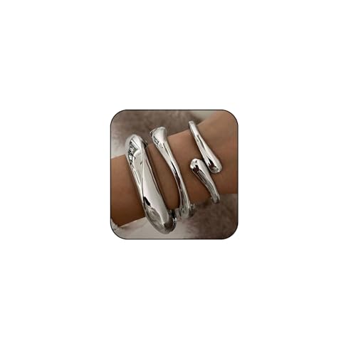 3PCS Stackable Bangle Bracelets for Women - Gold and Silver Chunky Wide Cuff Bracelets Set, Trendy Dainty Jewelry Gifts