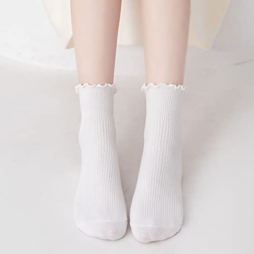 Image of Women Ruffle Crew Socks Lightweight Thin Stripe Turn-Cuff Cute Girls Cotton Socks 3 Pairs