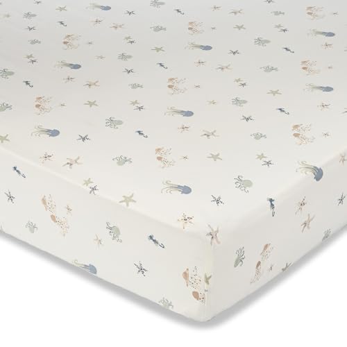 Crane Baby 100% Cotton Under The Sea Fitted Crib Sheet with Jellyfish Design, Neutral Crib Sheets, Fitted Toddler Sheet, 28" x 52" Standard Size Sea Life Crib Sheet