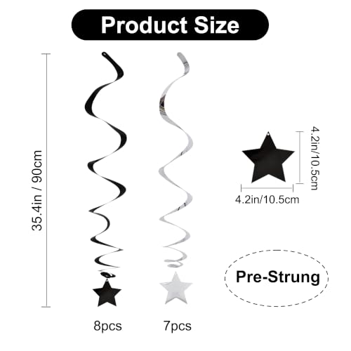 Image of BEISHIDA Black Silver Stars Hanging Swirls Bachelorette Graduation Hanging Ornament Decorations for Birthday Party Supplies Congrats Grade 2026 Graduation Decorations,Pack of 15