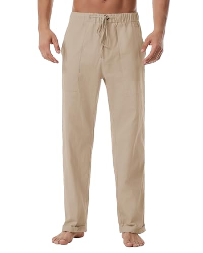 BUXKR Men's Linen Pants Beach Casual Loose Fit Cotton Summer Lightweight Elastic Waist Drawstring Trousers with Pocket2