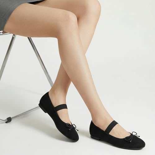 Image of Trary Flats for Women Closed Round Toe Ballet Flats Mary Jane Shoes Women with Elastic Strap Cute Bowknot Comfortable Dress Shoes for All-Year Daily Work Casual Wear