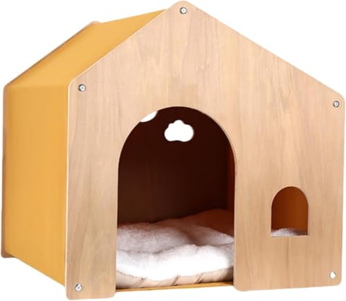 木製犬小屋 木製ペットハウス ペットハウス 猫小屋 犬小屋 天然木 通気性 風通しの良い 全シーズン対応 窓付き 組み立て簡単 小型から中型犬用 室内用 折りたたみ式 取り外し可能 (イエロー)