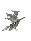 Silver Halloween Witch on Broom Pin Brooch