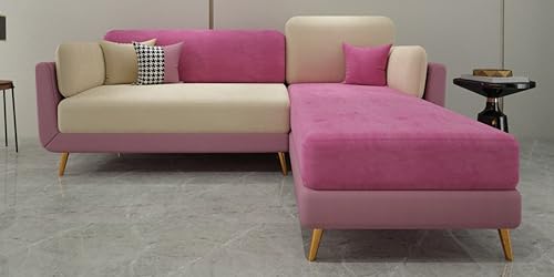 Image of Sixpine Luxury Dual Color Upholstery Lounger LHS Sofa in Premium Velvet | Solid Wood Structure | Sturdy Golden Legs | High Density Foam | Extra Comfort for Modern Living Room (Pink & Beige, 4 Seater)