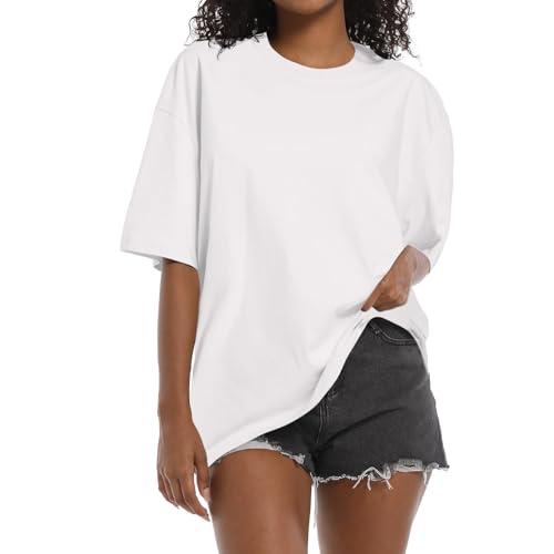 Womens Oversized T-Shirts Heavyweight Cotton Tee Crew Neck Short Sleeve T Shirts Loose Fit Basic Essential Classic Tees(CSTX,White,XL)