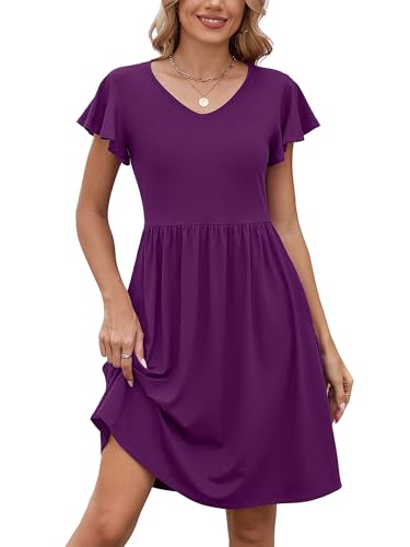Image of Heymoments Women Summer Dress Violet Purple X-Large Ruffle Sleeve Crewneck Casual Cute Loose Sundress Comfy Swing Midi Work Flowy Tunic Ladies Beach Vacation Teacher Dresses with Pockets