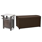 Keter Unity 40 Gallon Stainless Steel Top Grilling Bar Cart with Borneo 110 Gallon Plastic Outdoor Furniture Storage Deck Box, Brown