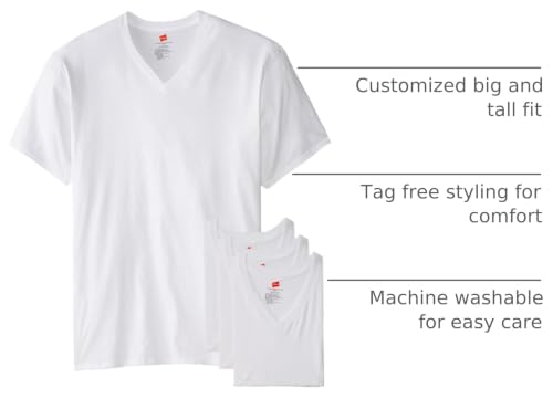 Image of Hanes Men's V-Neck Undershirts, Tag-Free 100% Cotton Multipack Tall Size Basics Soft T-Shirts, 6X-Large Tall, White