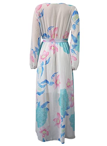 Image of lvenzse Womens Maxi Dress Boho Chiffon Floral Printed Long Party Dresses Plus Size with Belt (FBA)