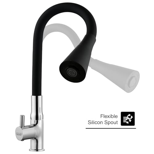 SPAZIO Turbo Brass Swan Neck Tap/Sink Faucet with Black 360 Degree Flexible Silicon Swivel Spout & Dual Flow Pattern, Hot/Cold Water for Kitchen Sink, Wash Basin, Chrome Finish Pillar Cock