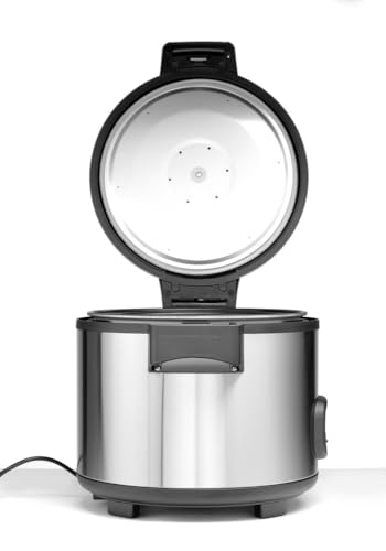 HENDI Reiskocher, Reishunger, Warmhaltefunktion, 30 Tassen Trockenreis, Inhalt 5,4L, Inklusive Messbecher, Reislöffel und Silikon-Antihaftpolster, 230V, 1950W, 455x455x(H)380mm, Edelstahl