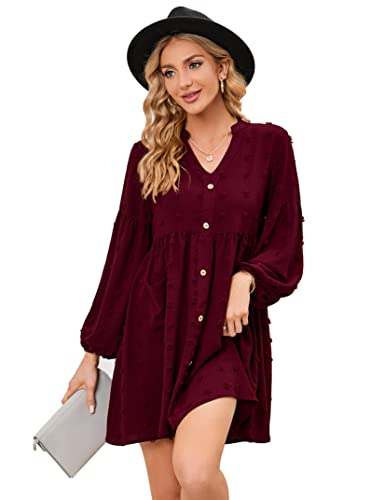 KOJOOIN Damen Tunika Kleid Langarm Swing Kleid kurz V-Ausschnitt Knopfleiste Blusenkleid Swiss Dot Casual Minikleid Freizeitkleid mit Taschen...